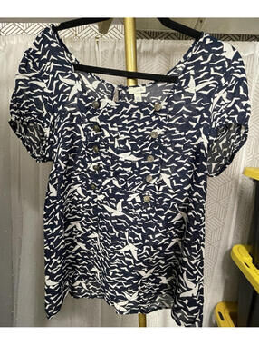 Anthropologie Odille Women's Blue Bountiful Birds Buttons Cap Sleeve Blouse 12